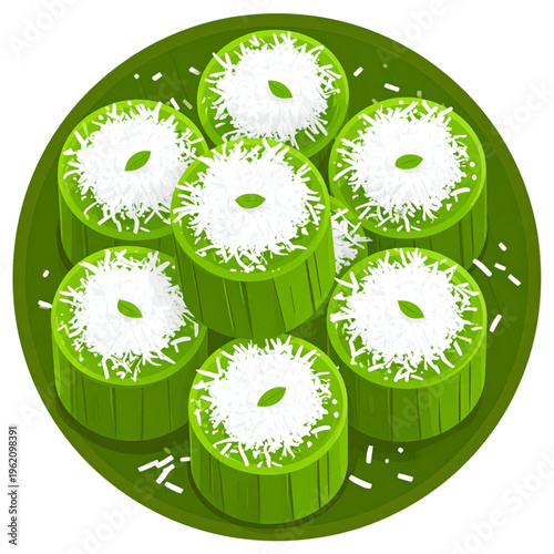 A plate of green pandan kue putu ayu topped with grated coconut, soft and fluffy with a light, sweet aroma—an iconic traditional Indonesian steamed cake