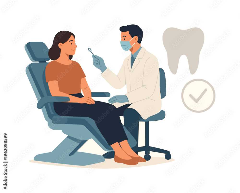 Fototapeta premium Exclusive dental clinic experience and professional oral care services, represented by a dental chair paired with a simple tooth and a minimal checkmark, symbolizing comfort