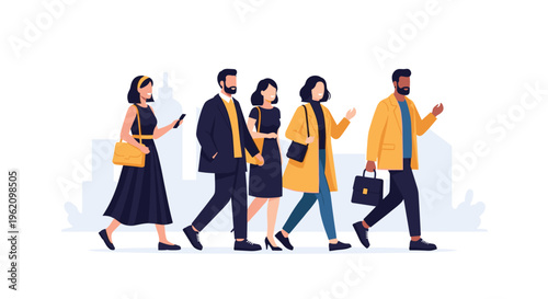 Group of fashionable and diverse people walking confidently on a city street representing urban lifestyle, modern trends, and career professionals.