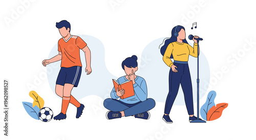 Illustration of people pursuing different hobbies such as playing soccer, reading a book, and singing with a microphone for a creative lifestyle theme.