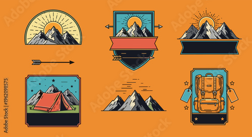 Collection of vintage style camping and hiking badges featuring mountains, tents, backpacks, arrows, and sun symbols for outdoor adventure designs.