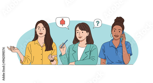 Three diverse young women in professional attire engaged in a business meeting or collaborative discussion for teamwork and female empowerment.