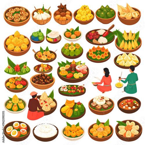 A vibrant assortment of colorful bite-sized snacks, sweets, and traditional treats arranged in small dishes, showcasing a festive and diverse culinary spread
