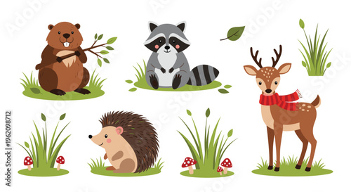Collection of cute woodland animals including a beaver raccoon deer and hedgehog with nature elements and mushrooms.
