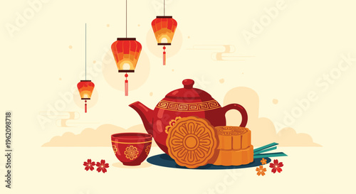 Traditional mooncakes and red teapot with tea cup and hanging lanterns celebrating Mid-Autumn Festival on cream background.