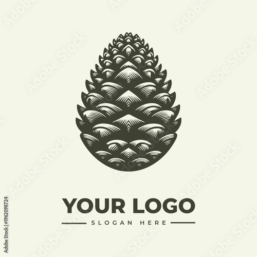 A vintage-style woodcut illustration of a pinecone with a logo and slogan text on a cream background, ideal for branding and advertising use.