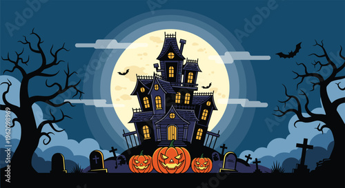 Spooky haunted mansion standing in a cemetery with jack-o-lanterns and bats under a full moon for Halloween night.