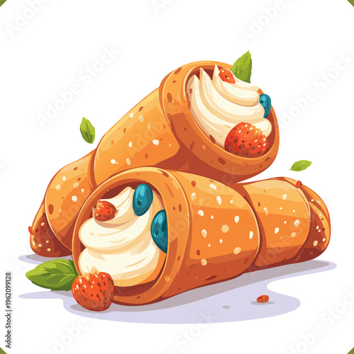 Vector illustration of sweet cannoli pastry filled with ricotta cream and mint garnish isolated on a white background