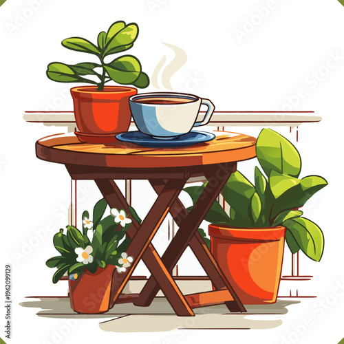 Vector illustration of a small wooden coffee table with cups and potted plants, isolated on a white background