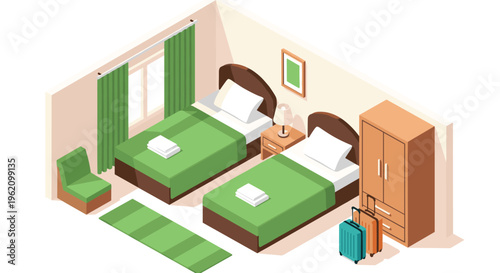 Modern isometric hotel twin room with two beds green linens wardrobe and suitcases ready for travel and vacation.