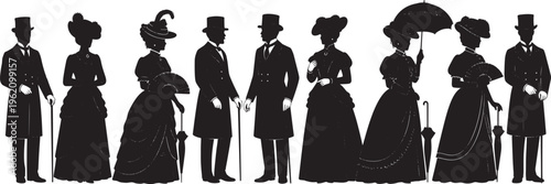 A captivating collection of vintage silhouettes showcasing men and women in elegant Victorian and Edwardian era formal attire, highlighting classic fashion and societal style from a bygone era