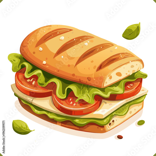 Vector illustration of a large club sandwich with cheese, tomato, and lettuce layers, isolated on a white background