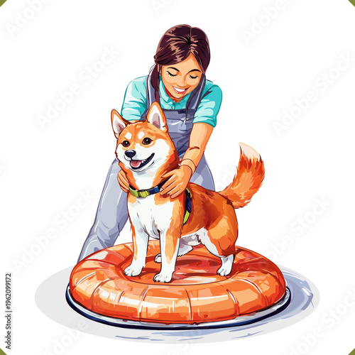 Vector illustration of a woman working out with her pet using gymnastic equipment for domestic animal sport isolated on a white background