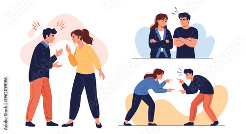 Various scenes of couples having heated arguments and conflicts with angry gestures and frustrated facial expressions.