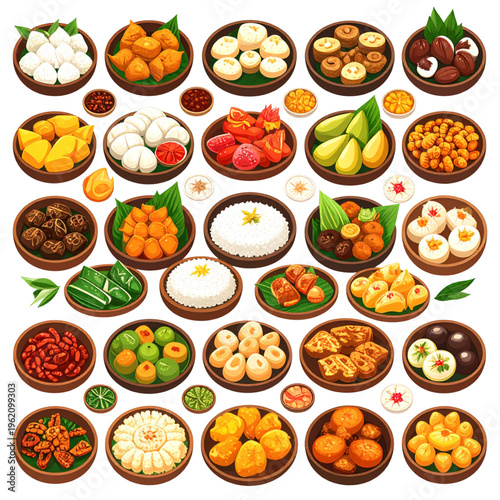 A vibrant assortment of colorful bite-sized snacks, sweets, and traditional treats arranged in small dishes, showcasing a festive and diverse culinary spread