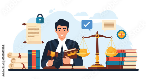 Smiling judge sitting at a desk with a gavel legal books and scales of justice representing the law and court system.