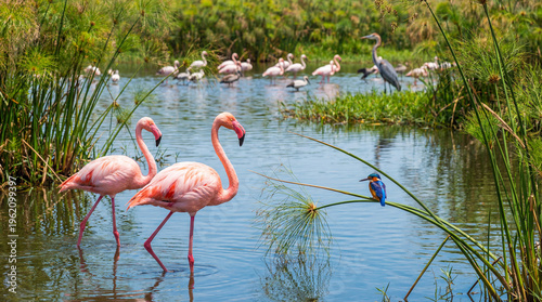 Africa Environment Day flamingos in wetland habitat showing biodiversity and water conservation for environmental protection charity website content