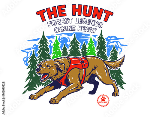 The hunt forest legends canine heart design. Hunting dog vintage artwork for t shirt. Forest adventure graphic. Bold and brave apparel. Outdoor dog.
