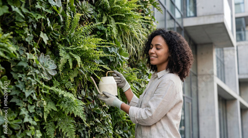 Africa Environment Day woman watering vertical green wall showing urban greening innovation for environmental conservation charity website content