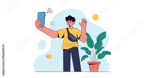 Young man in a casual yellow shirt and bag taking a selfie or video calling with a smartphone next to a plant.