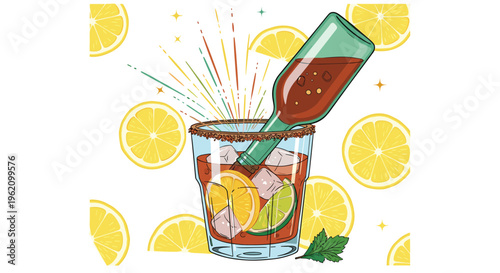 Refreshing mexican beer cocktail in a glass with ice lime and an inverted bottle surrounded by fresh lemon slices.