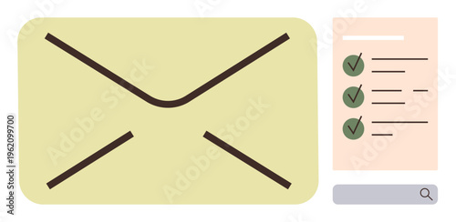 Email organization, messaging apps, online communication, task tracking, productivity, information management. Envelope and checklist with ticked items in view. Email organization and messaging apps