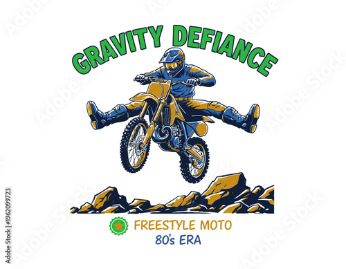 Gravity Defiance freestyle moto club design. 80s era motocross artwork. Motocross jump for t shirt print and poster. Dirt bike racing. Speed tour.