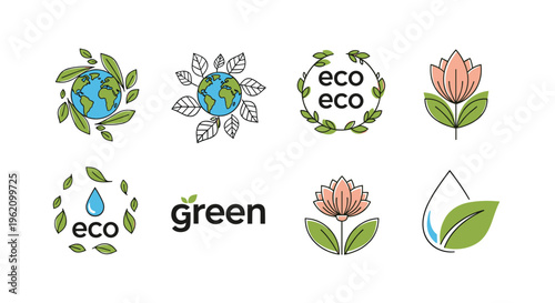 Collection of eco-friendly and green logos featuring globes leaves flowers and water droplets for environmental branding.