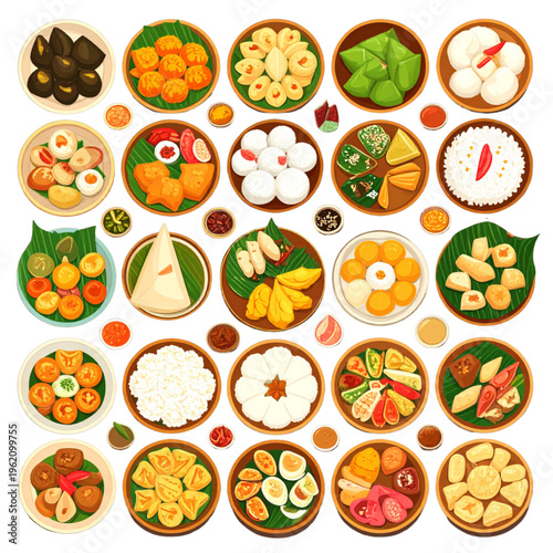 A vibrant assortment of colorful bite-sized snacks, sweets, and traditional treats arranged in small dishes, showcasing a festive and diverse culinary spread