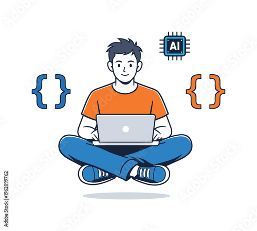 Flat editorial character illustration of a male software developer seated at a floating laptop, surrounded by two hovering code brackets and a small AI chip