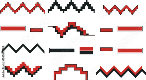 Geometric patterns and shapes in black and red on white background