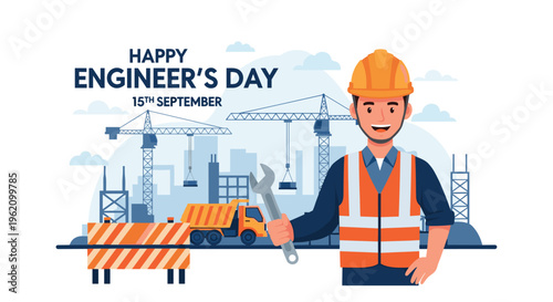 Proud engineer wearing a safety vest and helmet holding a wrench at a busy construction site for Engineer's Day.