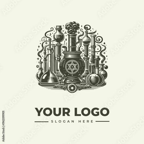 A vintage-style woodcut illustration of alchemical symbols and icons, including a beaker and flask, surrounded by swirling patterns and a Star of David, against a clean white background