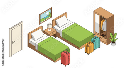 Simple isometric bedroom design featuring two twin beds a bedside table wardrobe and colorful suitcases for travel.