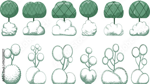 Stylized silhouette illustration collection of ten ornamental topiary tree designs with geometric and spherical shapes, showcasing garden diversity, botanical artwork inspiration