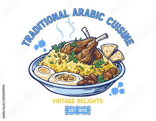 Traditional Arabic cuisine artwork. Middle East food illustration for t shirt. Lamb rice vintage design. Restaurant logo print. Food poster design.