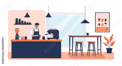Professional barista preparing coffee at a modern cafe counter with an espresso machine stools and a wall menu.