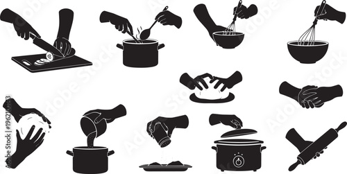 Collection of black and white vector icons depicting hands engaged in diverse food preparation, essential cooking actions, and various culinary tasks in the kitchen