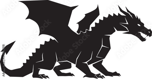 Black dragon silhouette with wings spread wide on white