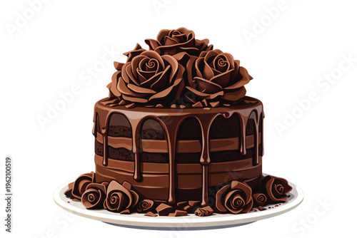 A gourmet slice of delicious chocolate cake decorated with rose petals and icing is served on a plate as a sweet bakery dessert isolated on white for a birthday celebration