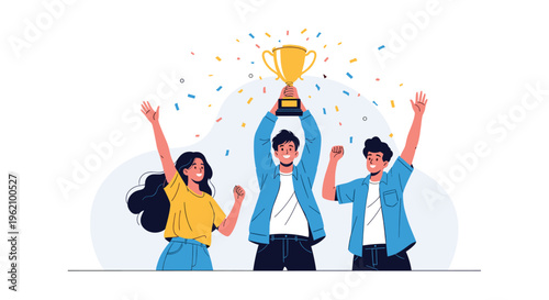 Diverse group of cheerful friends celebrating their victory together by raising a golden trophy amidst colorful falling confetti.