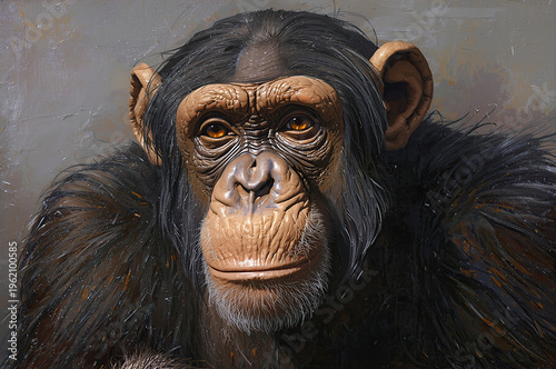 Fine art oil painting of a chimpanzee portrait with warm ochre and umber tones, vibrant brown eyes, rich texture, and expressive brushstrokes conveying curiosity and depth