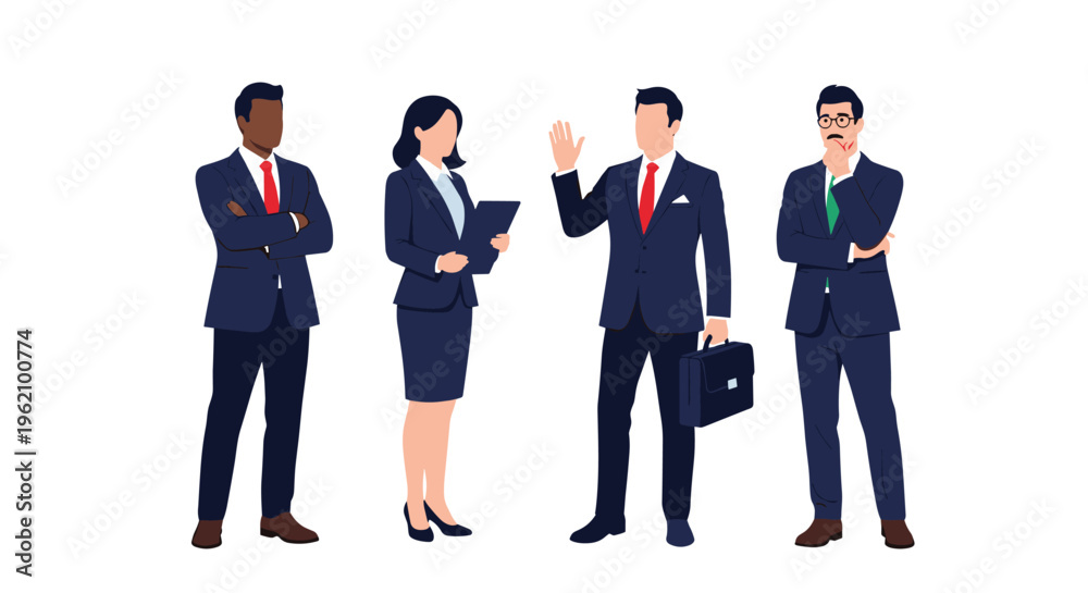 Obraz premium Diverse group of professional business people in formal suits standing together in a line with confident expressions and poses.