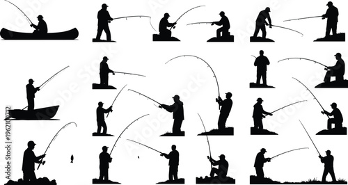 Fishing silhouettes set anglers casting rods standing sitting boat river lake fisherman isolated black vector collection diverse poses outdoor activity illustration
