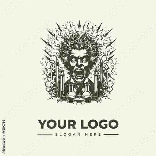 A black and white illustration of a screaming man's head surrounded by abstract shapes and lines, with a cityscape background and a placeholder logo text in a bold, modern font against a