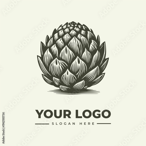 A vintage-style woodcut illustration of an artichoke logo with a generic placeholder text on a clean white background.