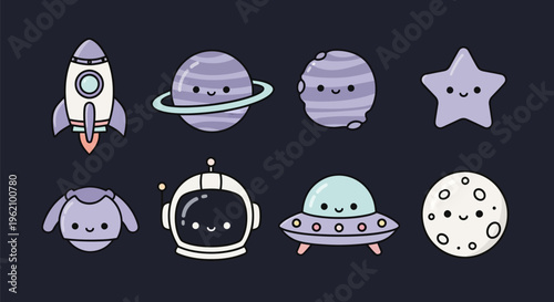 Cute Kawaii Space Elements Collection with Rocket Planets Star Astronaut UFO Moon.
