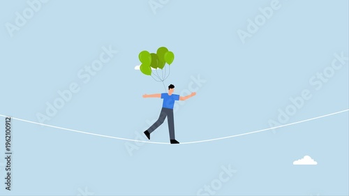 Risk management control, 4k animation of Businessman acrobat chooses to walk on rope with balloons in order to lower the level of risk