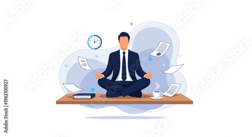 Focused businessman in a suit meditating and levitating above his office desk with floating paperwork and coffee cup around him.