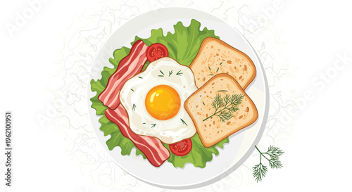 Delicious breakfast plate featuring a fried egg sunny side up with bacon strips, toast, tomatoes, and lettuce on a white background.